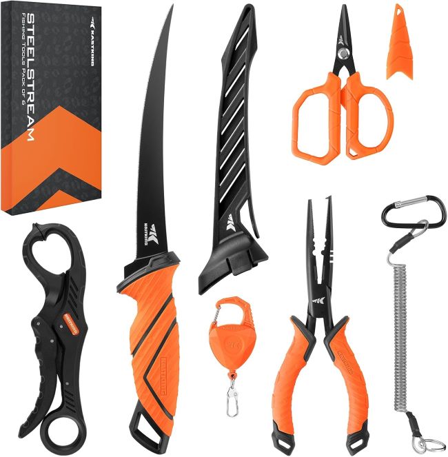 KastKing SteelStream 6-piece fishing tool kit including corrosion-resistant pliers, fillet knife, braid scissors, and fish lip gripper with lanyard