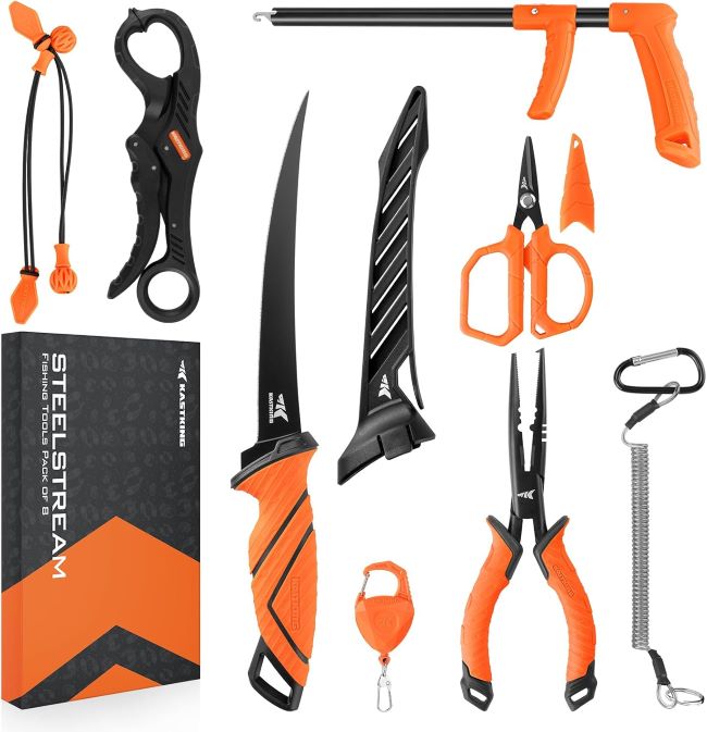 KastKing SteelStream 8-piece fishing tool set with pliers, hook remover, fillet knife, scissors, lip gripper, and fishing accessories for anglers