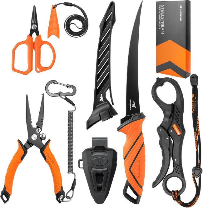 KastKing SteelStream fishing tool set featuring pliers, fillet knife, scissors, and multi-functional fish grip gear for saltwater and freshwater use