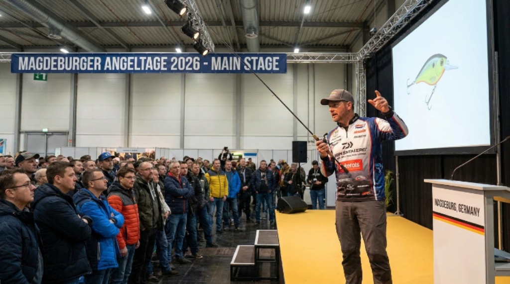 A professional angler demonstrating predatory fish techniques on the main stage at Magdeburger Angeltage 2026 in Magdeburg, Germany