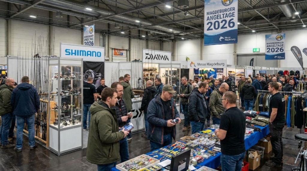 Visitors browsing fishing rods, reels, and sea fishing equipment at exhibitor booths during Magdeburg Fishing Days 2026 inside Messe Magdeburg