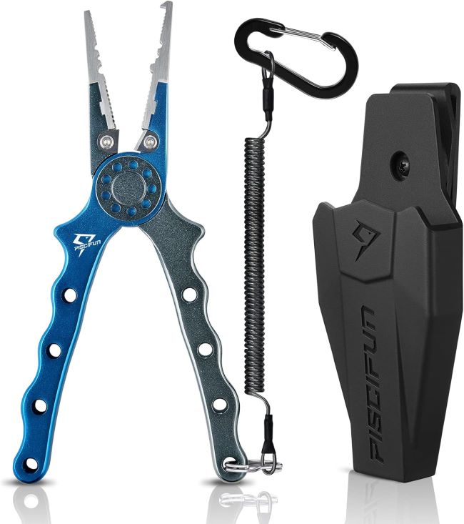 Piscifun saltwater fishing pliers with braid cutters, hook remover, split ring tool, corrosion-resistant build, sheath, and lanyard