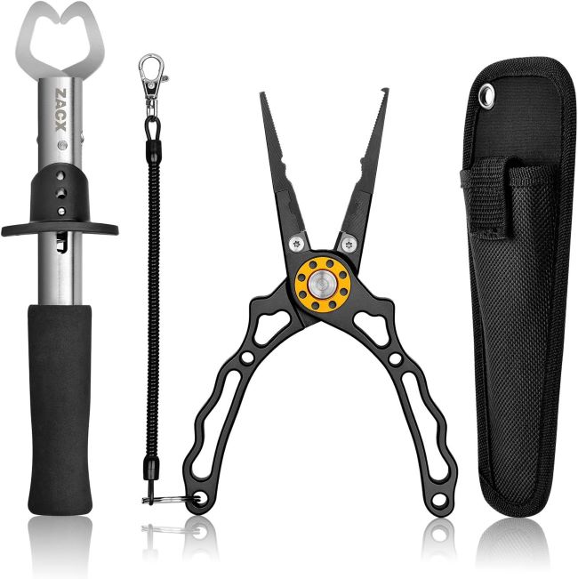 ZACX multi-function fish lip gripper pliers with hook remover and split ring tool designed for fly fishing and ice fishing