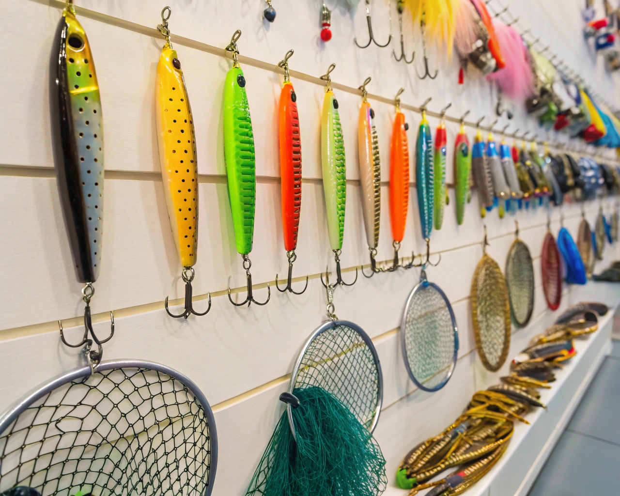 Discover a vibrant display of colorful fishing lures and accessories at the Weihai International Trade and Exchange Center. Explore top angling gear today!