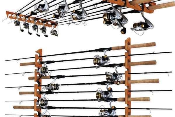 Fishing rods neatly stored on wall-mounted rod racks in a garage for organized storage