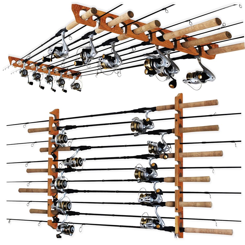 Fishing rods neatly stored on wall-mounted rod racks in a garage for organized storage