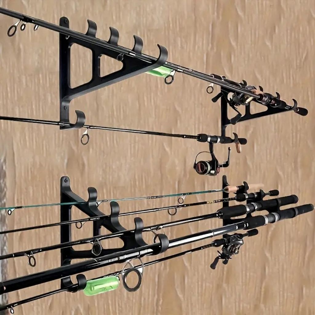 Close-up of fishing rod rack holding multiple rods securely for protection and easy access