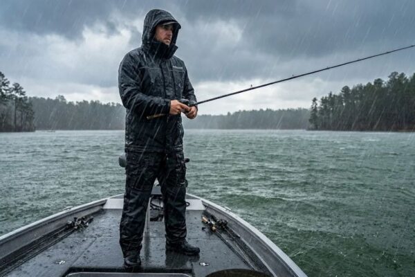 Angler wearing waterproof rain suit while fishing in heavy rain on a boat deck