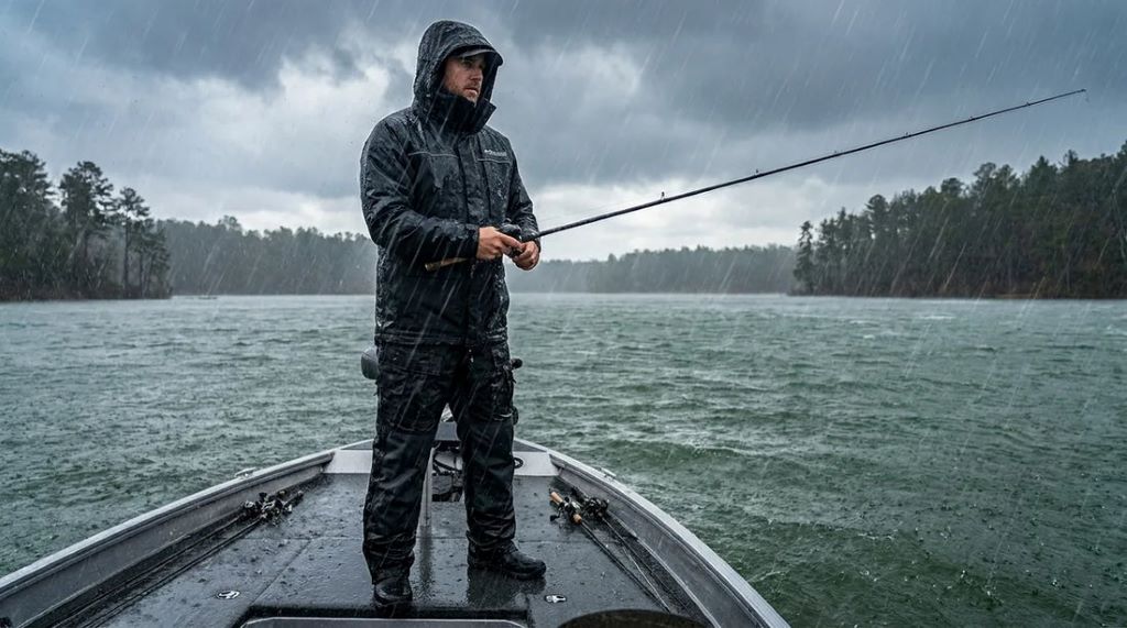 Angler wearing waterproof rain suit while fishing in heavy rain on a boat deck