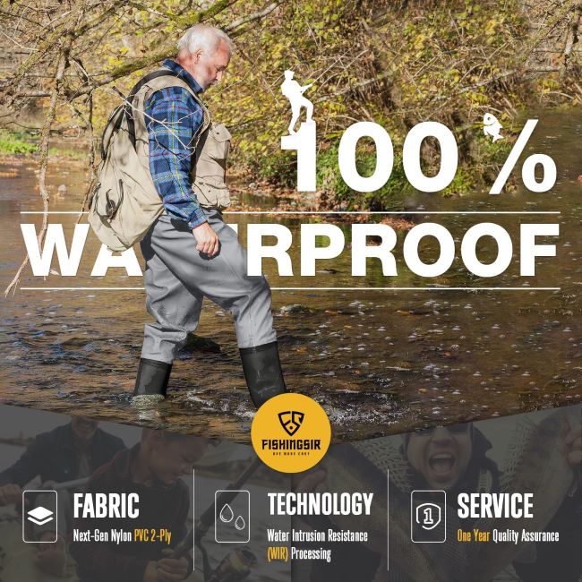 Angler wearing FISHINGSIR chest waders while fishing in a river