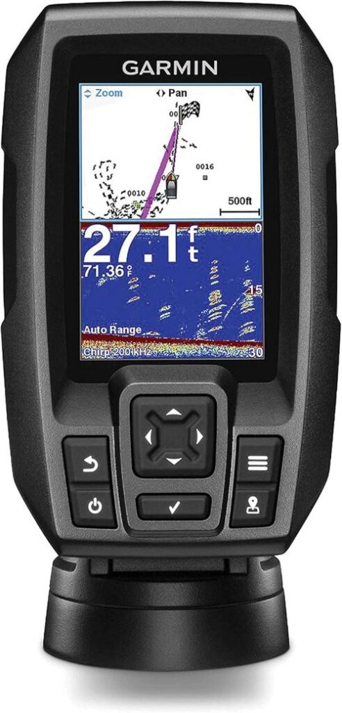 Close-up of the Garmin Striker 4 screen displaying fish sonar data on a sunny day.