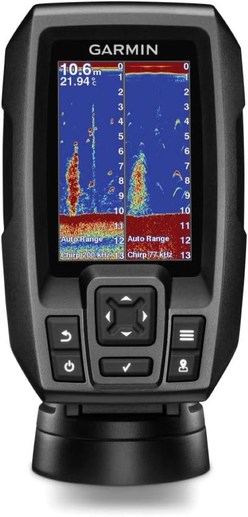 Garmin Striker 4 fishfinder mounted on a boat console in Florida coastal waters.