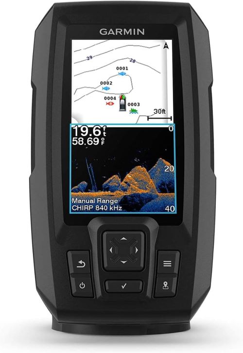 Garmin Striker Vivid 4cv fishfinder with transducer mounted on a fishing boat in California