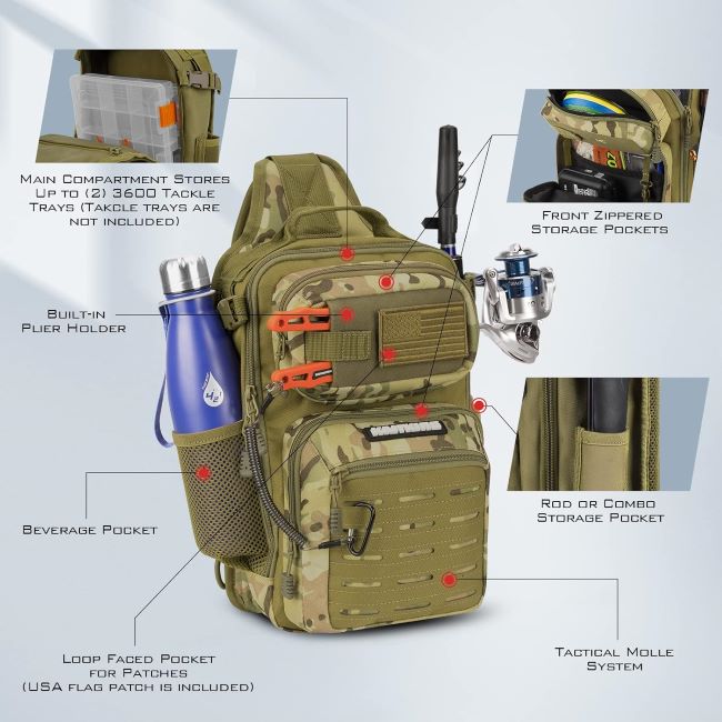 KastKing BlowBak tactical fishing sling bag with organized tackle storage