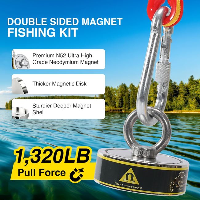 Double-sided 1320LB neodymium magnet fishing kit with rope, gloves, and grappling hook