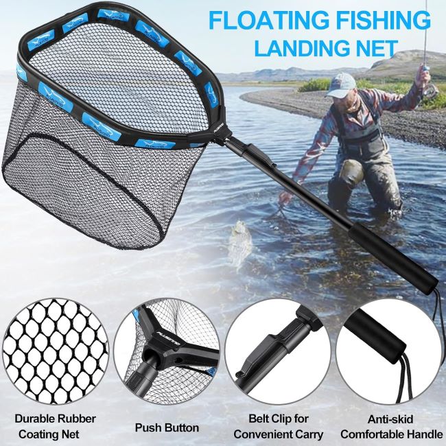 Angler using the PLUSINNO Floating Fishing Net to safely land a fish from a kayak