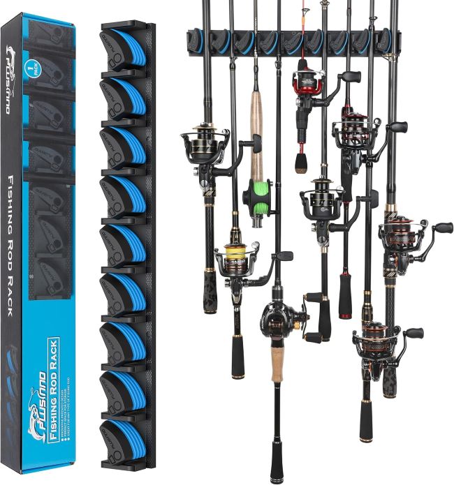 PLUSINNO Vertical Fishing Rod Holder mounted on a garage wall in Texas