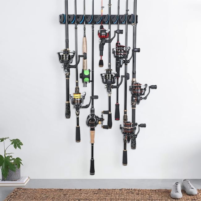 PLUSINNO fishing rod rack securely storing multiple rods and combos