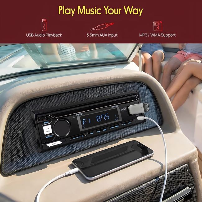 Affordable Pyle PLMRB29B waterproof marine stereo with Bluetooth hands-free calling