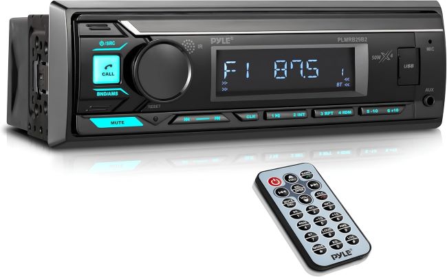 Pyle Marine Bluetooth Stereo Radio PLMRB29B installed on a boat dashboard in Texas