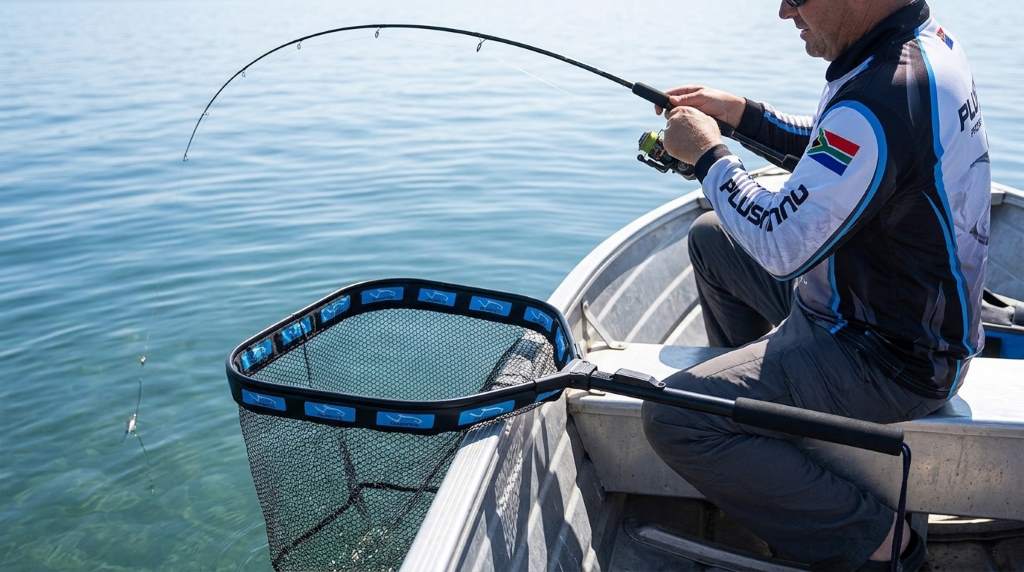 Angler landing bass with Plusinno Floating Fishing Net