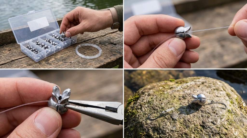 Angler positioning a round split shot sinker above a hook