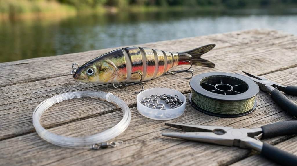 Angler rigging a Truscend Swimmax Easy Catch fishing lure