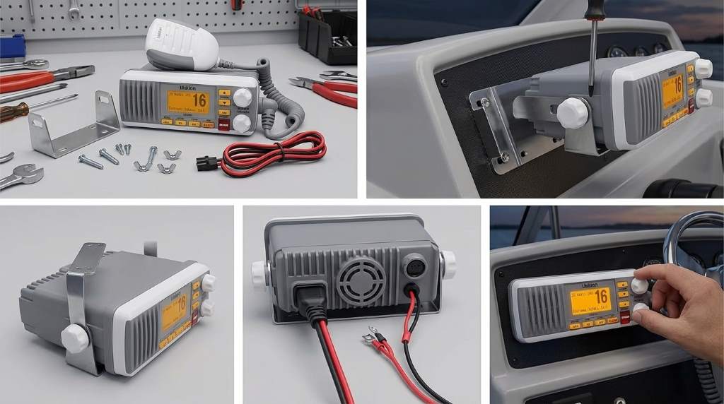 Completed Uniden UM385 marine radio installation with secure wiring