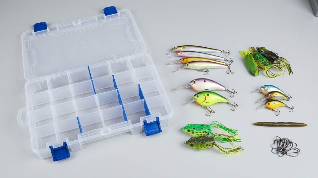 Fishing hooks and terminal tackle organized inside a Tuff Tainer Box