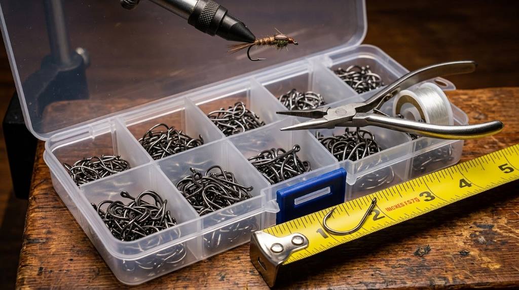 Fishing tackle box with durable high carbon steel hooks