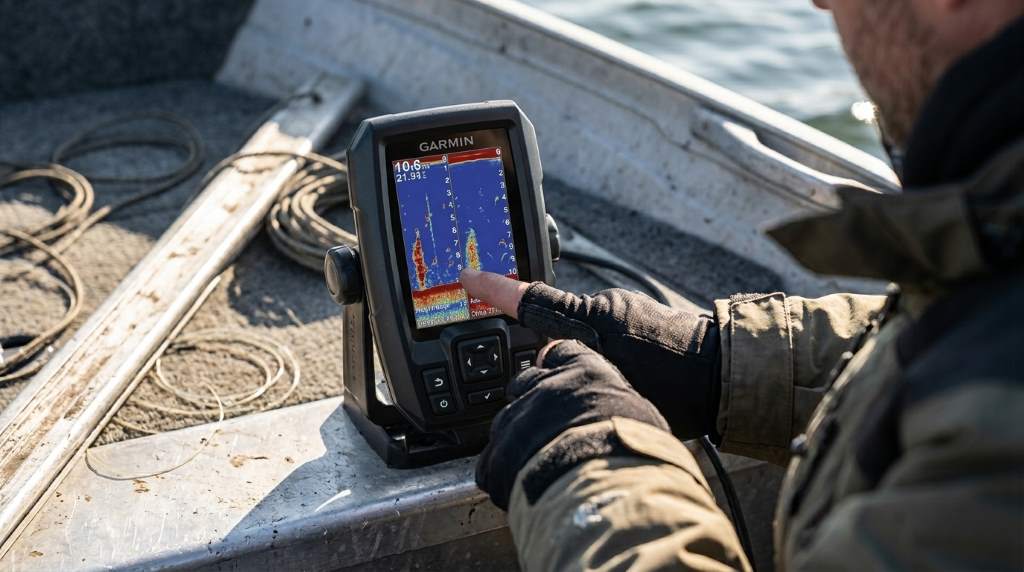 Garmin Striker 4 GPS Fishfinder sonar display showing fish arches