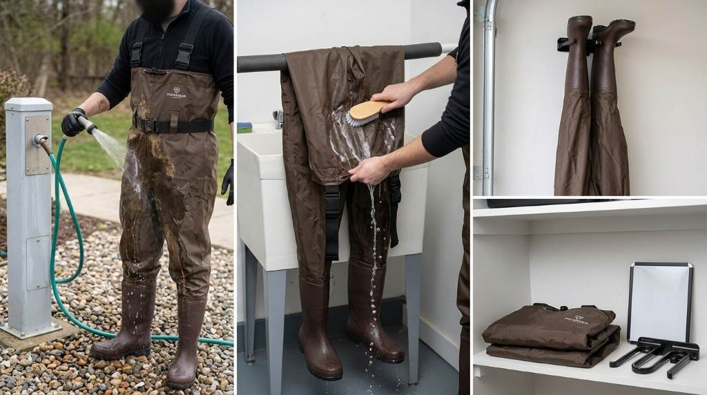 Hanging fishing waders to air dry after washing