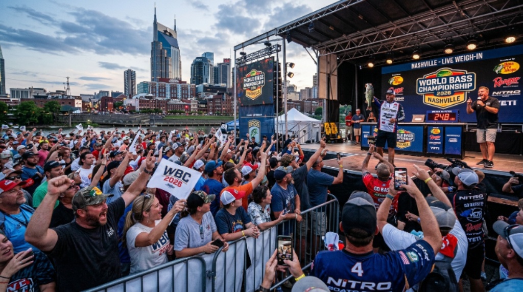 Weigh-in stage crowd at World Bass Championship 2026 fan festival Nashville