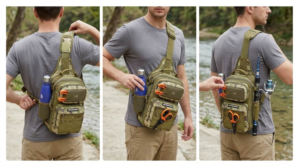 KastKing BlowBak Sling Bag worn across one shoulder while fishing