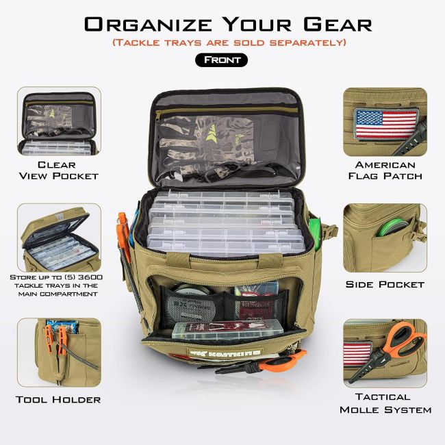 KastKing KarryAll fishing tackle bag with multiple compartments for gear