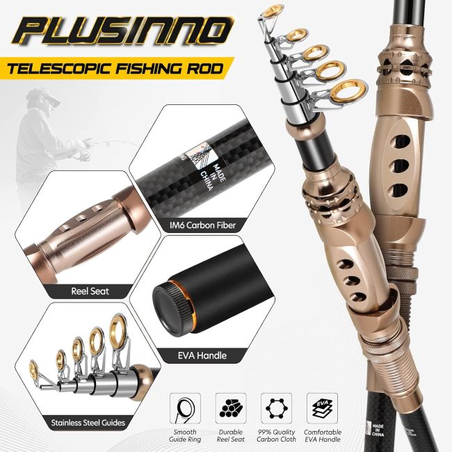 PLUSINNO fishing rod and spinning reel combo with compact design for travel