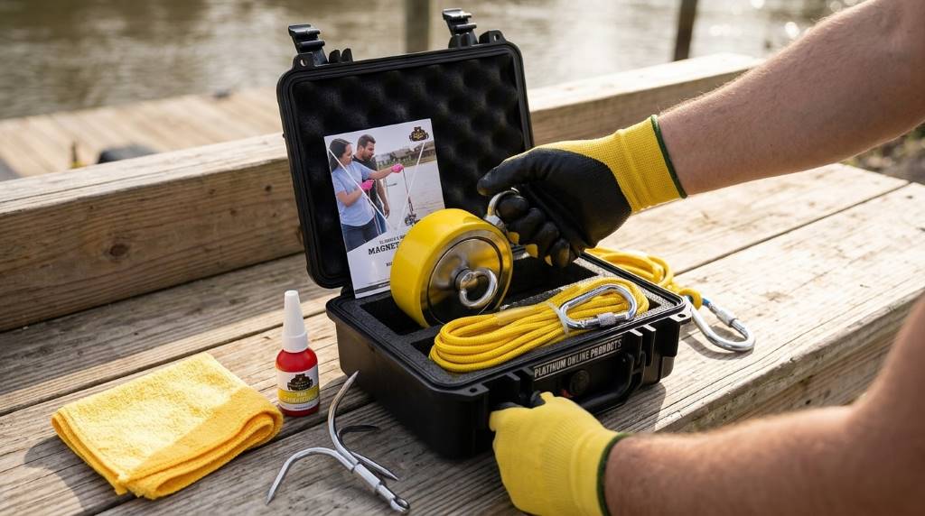 Strong magnet attached to rope for underwater metal recovery