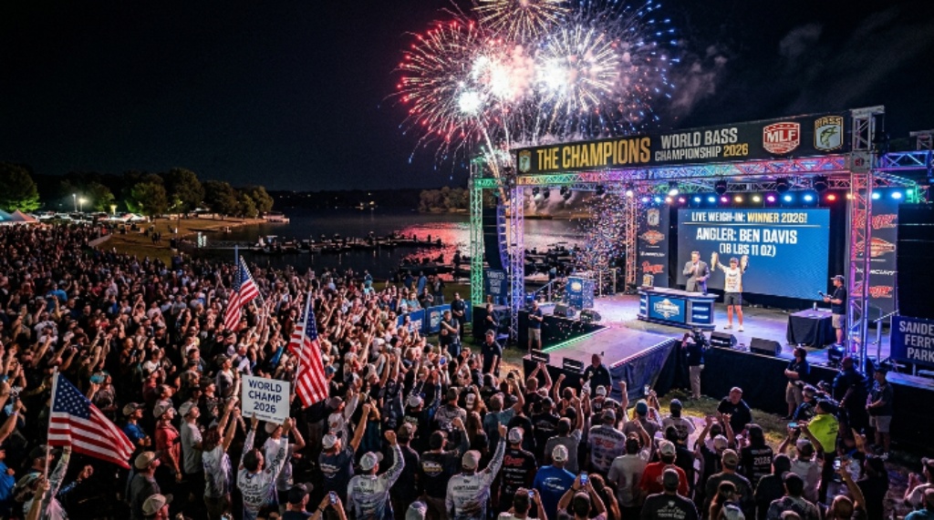 Crowds of bass fishing fans watching the live weigh-in stage at Sanders Ferry Park during The Champions World Bass Championship 2026 with fireworks overhead