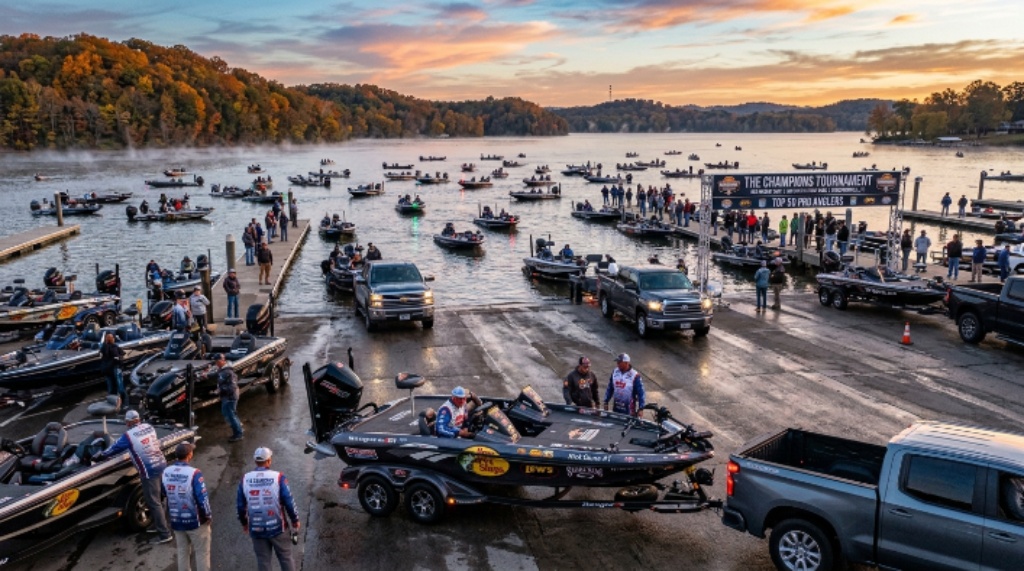 Top 50 professional bass fishing anglers launching boats on Old Hickory Lake at Sanders Ferry Park in Hendersonville Tennessee for The Champions tournament on October 29 2026