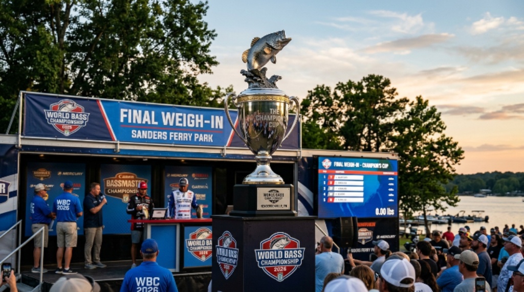 The Champion's Cup trophy displayed on stage at the World Bass Championship 2026 final weigh-in at Sanders Ferry Park in Hendersonville Tennessee