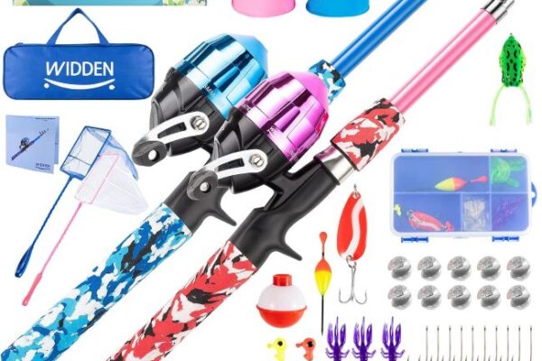 WIDDEN Kids Fishing Kit with tackle box, rod, reel, and fishing accessories
