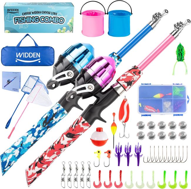 WIDDEN Kids Fishing Kit with tackle box, rod, reel, and fishing accessories