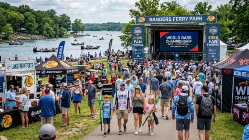 Bass fishing fans and families gathered at Sanders Ferry Park on Old Hickory Lake in Hendersonville Tennessee during the World Bass Championship 2026 fan festival