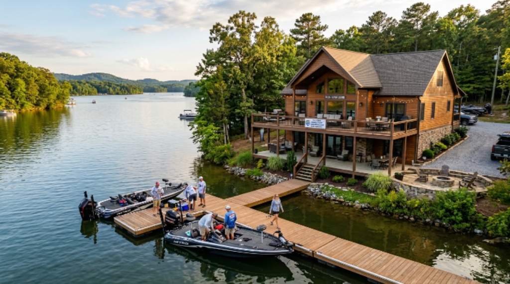A vacation rental lake house on Old Hickory Lake near Hendersonville Tennessee with a private dock, ideal for groups attending the World Bass Championship 2026