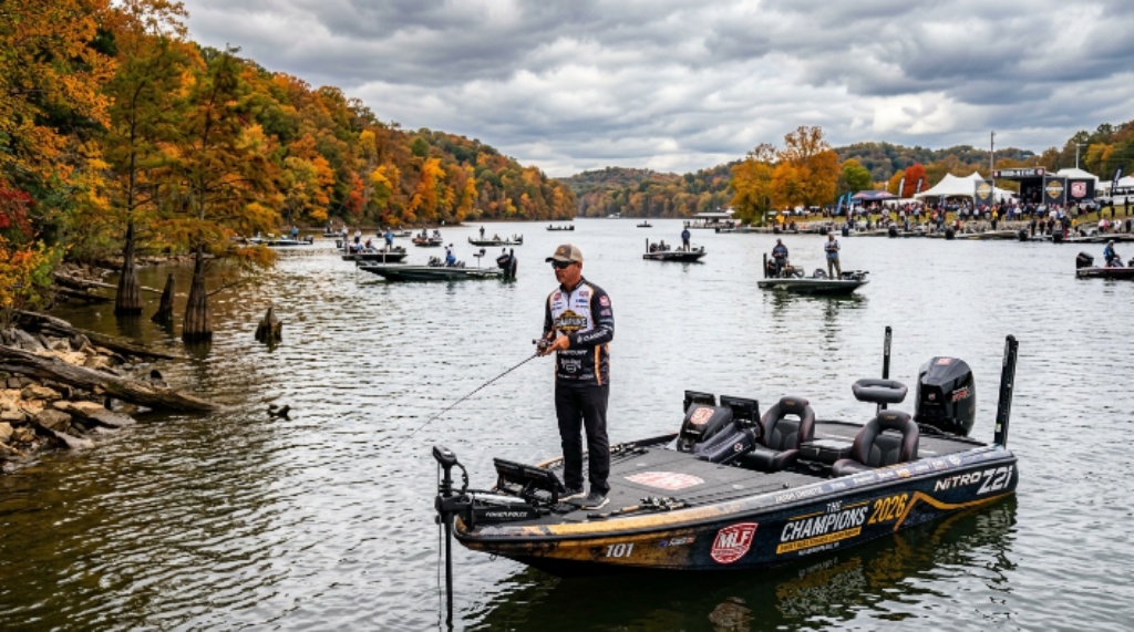 Professional bass anglers competing on Old Hickory Lake in Hendersonville Tennessee during The Champions 2026 world bass fishing championship October 28 to November 1