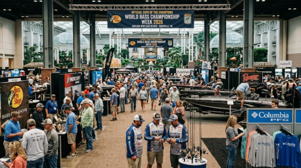Fans and fishing enthusiasts browsing outdoor brand booths at the 70,000 square foot Official Expo of The Champions at the Gaylord Opryland Resort in Nashville during the World Bass Championship week 2026