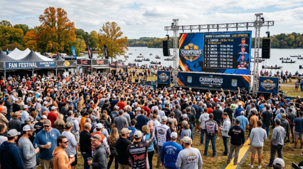 Crowds gathered at the fan festival at Sanders Ferry Park in Hendersonville watching tournament updates during The Champions world bass championship week in Nashville October 2026