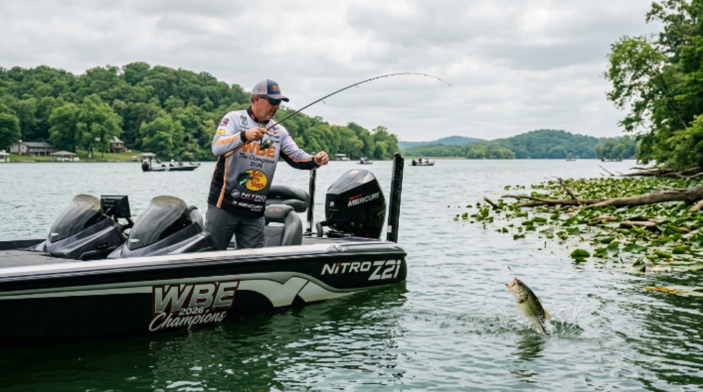 Professional bass angler competing at WBE The Champions 2026 on Old Hickory Lake Tennessee