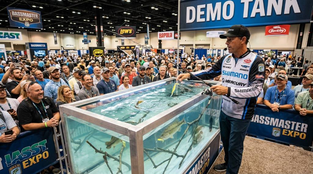 Professional angler demonstrating bass fishing techniques in a casting tank at an indoor fishing expo
