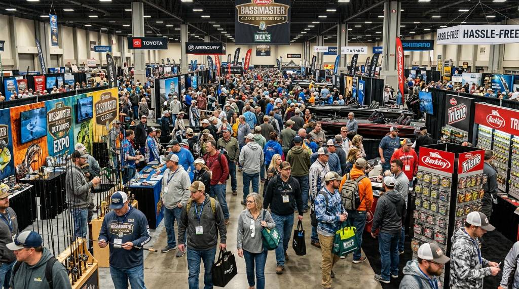 Crowds of fishing fans browsing exhibitor booths at the Bassmaster Classic Outdoors Expo
